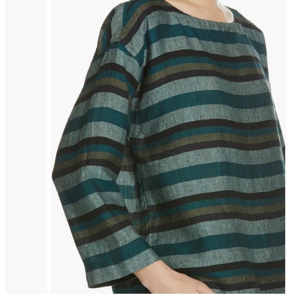 Eileen Fisher Teal Multi Stripe Organic Linen Top Extra Small New Without Tags! - Picture 4 of 11
